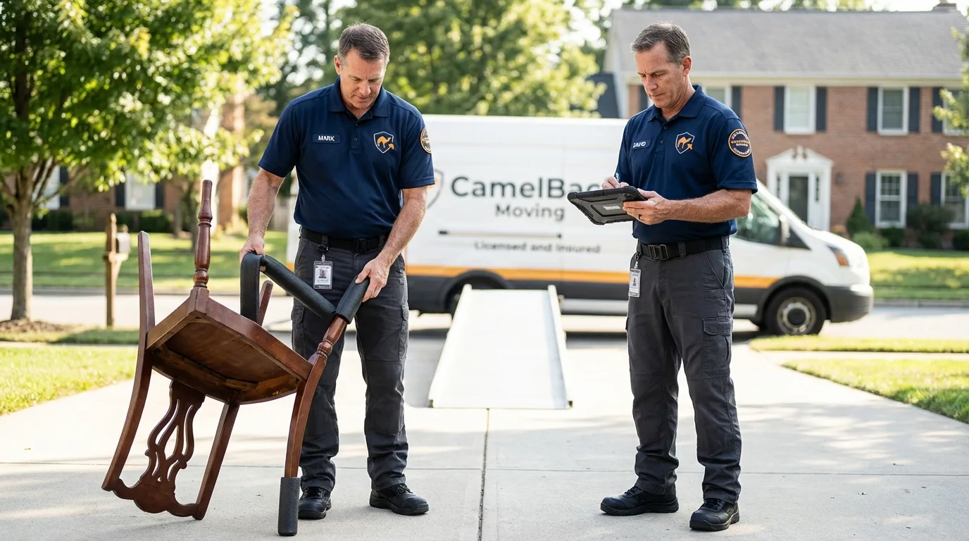 Movers inspecting furniture for damage prevention before loading in Fresh Meadows, NY