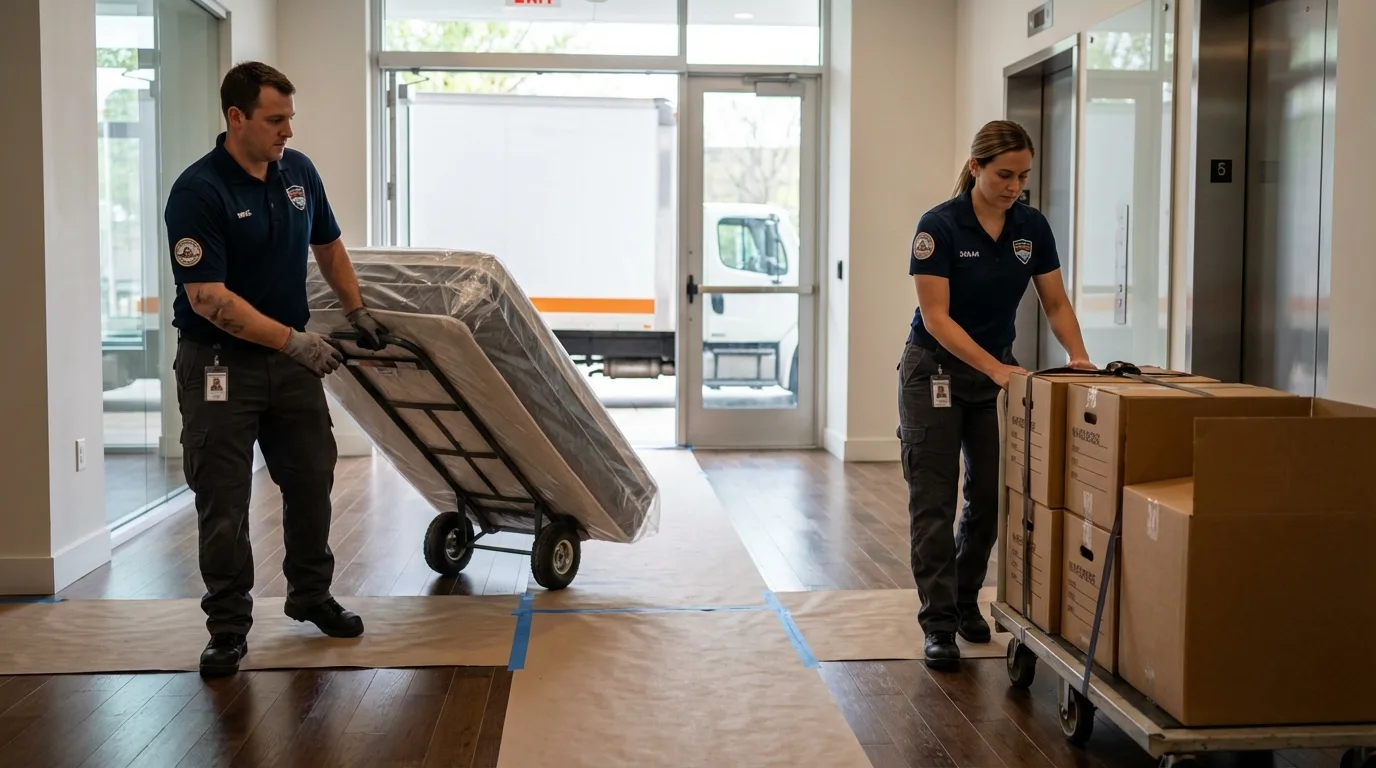 Professional apartment movers loading elevator in Fresh Meadows, NY
