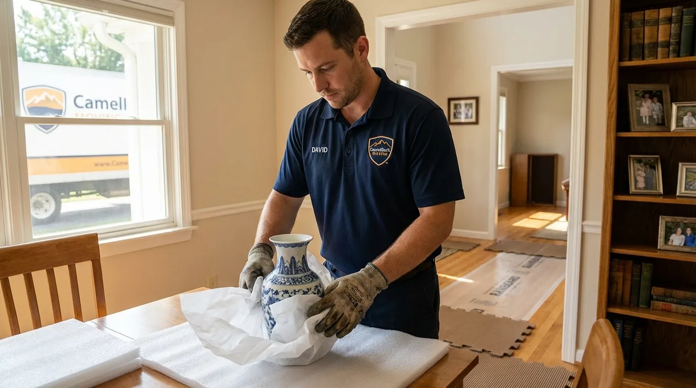 Professional crew carefully wrapping antique vase for senior downsizing move in Fresh Meadows, NY